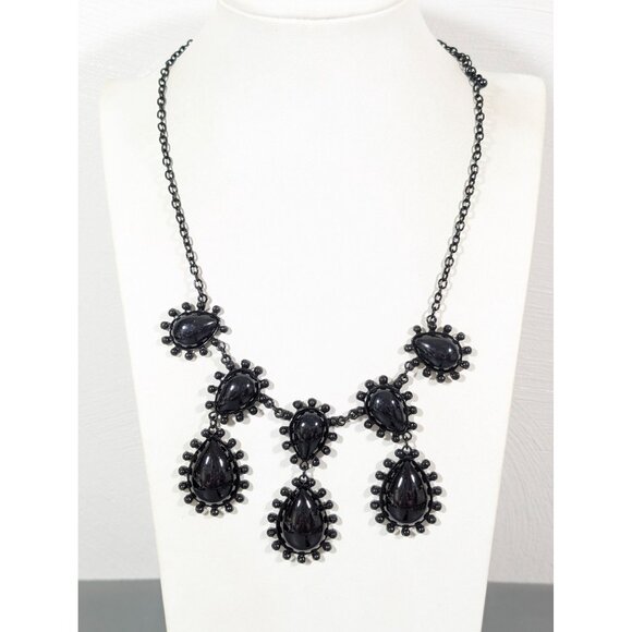 Black Teardrop Cabochon Charm Statement Necklace Bubble Gothic Bib 20" - Picture 1 of 7
